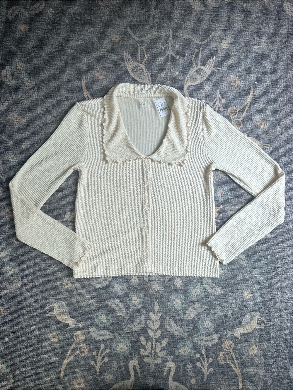 LOFT Cream Ruffle Collar Waffle Top S NW